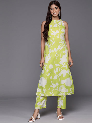 Varanga Women Lime Green Halter Neck Kurta With Bottom